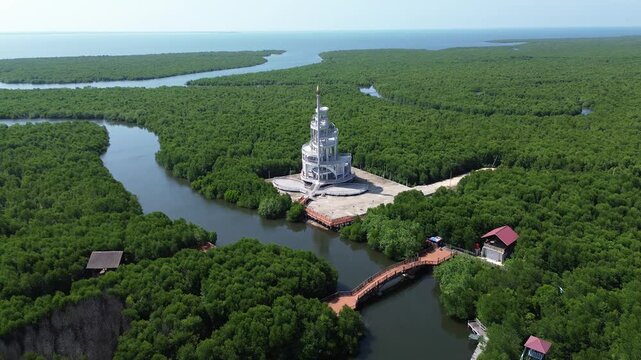 Aerial View of Southeast Asia&rsquo;s Largest Mangrove Forest and Landmark Tower in Langsa, Aceh, Indonesia