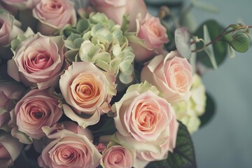 Obraz premium Soft Pink Roses and Green Hydrangeas Floral Arrangement on Light Background