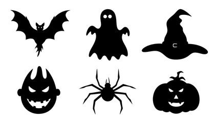 Set of Halloween silhouette collection elements on tranparent background
