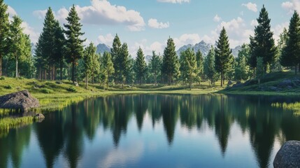 A serene lake with reflections of the surrounding pine trees