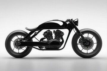 Obraz premium Sleek black motorcycle design showcased in a studio shot against a neutral background for clarity.