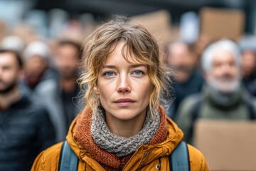 Young woman participating in protest march with a determined look, emphasizing the power and passion of social activism and civic engagement