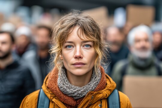 Young woman participating in protest march with a determined look, emphasizing the power and passion of social activism and civic engagement