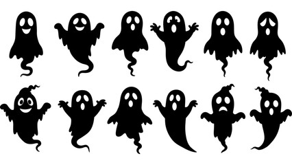 Halloween ghost black silhouette set.halloween cartoon ghost black symbol.