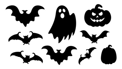 Halloween ghosts and bat silhouette
