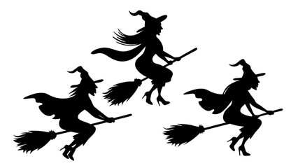 Set Of Flying Witch Silhouettes on Broomsticks