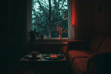 A cozy, dimly lit room offers comfort on a rainy day. A record player and coffee cup sit on a table, with plants by a window showing rain-streaked trees. Perfect for relaxation and mood.