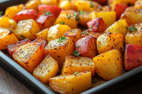 Roasted potatoes with herbs garnished on top. - Powered by Adobe