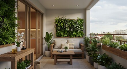 Cozy balcony with greenery and wooden furniture. A modern design