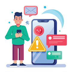Man using smartphone receiving alert notifications and messages modern illustration