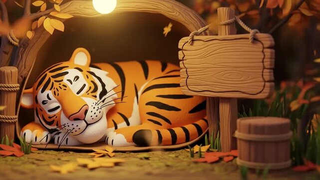 A cartoon tiger and a cub snuggle together in a cozy autumnal forest clearing at dusk.