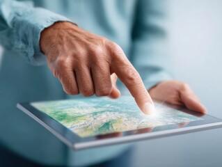 Modern GIS Specialist Using Tablet with Spatial Mapping and Digital Geospatial Data for Professional Trend Analysis and Marketing Content
