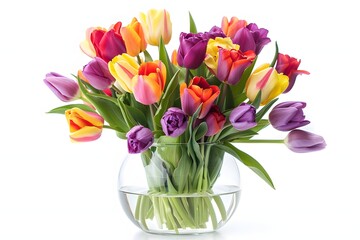 Obraz premium Colorful Tulips in Clear Glass Vase on White Background