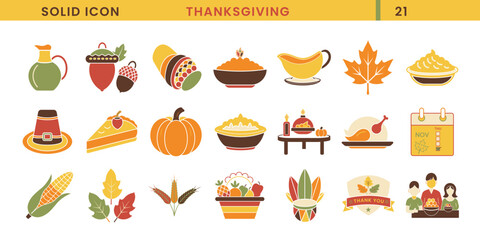 Thanksgiving vector solid icon set. Thankgsgiving festival colourful solid icons