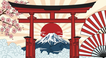 Illustration of a red Torii gate framing Mount Fuji with cherry blossoms and fans against a stylized sunburst background.