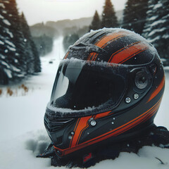 Bold gear, cold weather: striking black-orange helmet awaits a snowy journey