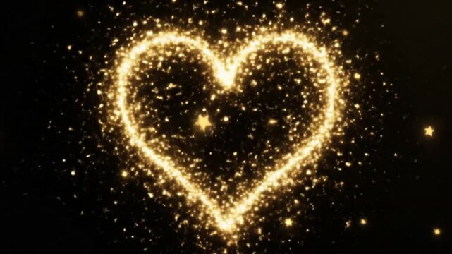 valentines day heart shape frame golden sparkle particle glitters light trail alpha channel loop 4k animation, lshiny glowing gold stars on transparent background love motion design element