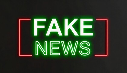 Neon green text "FAKE NEWS" in red neon frames
