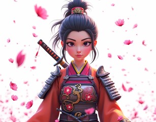 Beautiful female samurai with traditional armor and katana on her back. Generate AI