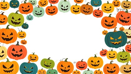 Naklejka premium A vector illustration set of spooky Halloween pumpkins and autumn holiday decorations forms a festive orange frame