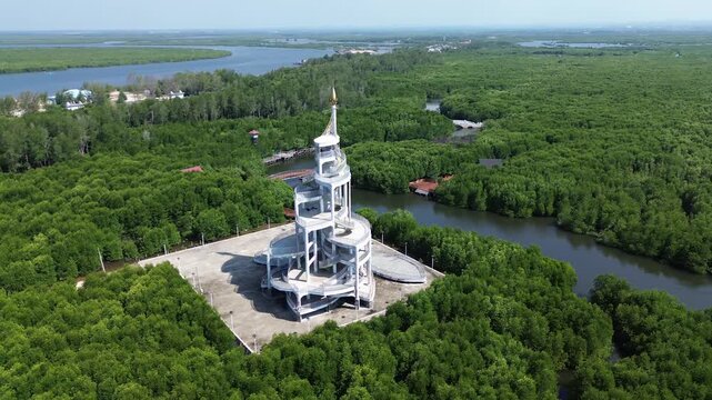 Aerial View of Southeast Asia&rsquo;s Largest Mangrove Forest and Landmark Tower in Langsa, Aceh, Indonesia