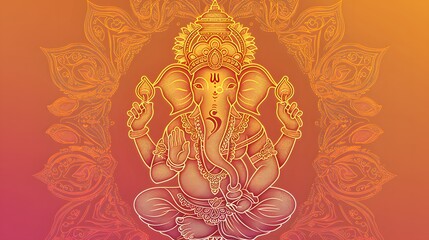 Fototapeta premium Gold Line Art of Lord Ganesha Sitting Meditating on Orange Background