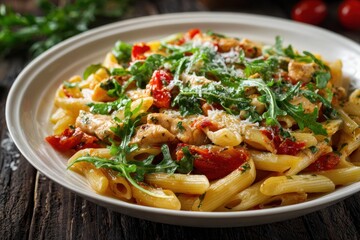 Traditional chicken pasta with arugula tomatoes and cheese