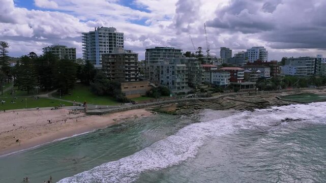 Sydney, Australia: Panoramic drone video from above, the cityscape and seascape at Cronulla with its string of beaches, from Cronulla Park to North Cronulla Beach, Elouera, Wanda and beyond. 