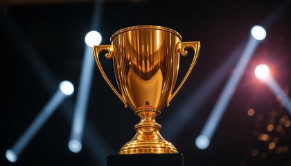 Celebrate Achievement with a Gleaming Gold Trophy on Stage under Lights for Victory, Awards, or Corporate Recognition Events