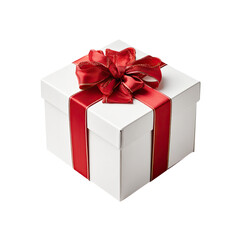 Obraz premium A Beautifully Wrapped White Gift Box with a Red Ribbon Bow: A Perfect Present for Any Occasion
