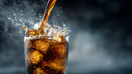 Dynamic shot of cola being poured into a tall glass with ice and water splashes against a dark background