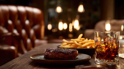 Aged Steak Served with Fries and Bourbon Drink in Cozy Restaurant Environment