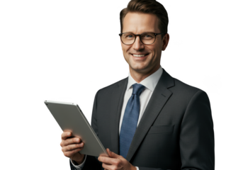 A businessman in a suit smiles while holding a tablet isolated on transparent background