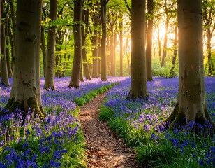 Sunlit forest path through bluebells