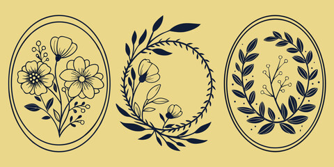 Circular flower-themed frames. Delicately sketched stylish plant-based round outlines and wreaths featuring twigs, foliage, and blossoms in both outline and solid style in yellow background