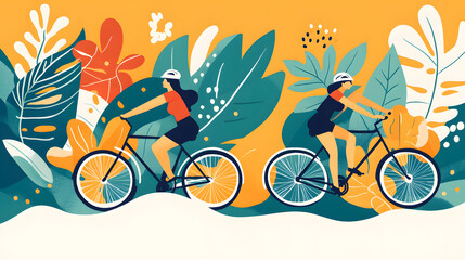 Outdoor Biking Adventure, Women Cyclists, Colorful Nature, Illustration, Vibrant Environment, Dynamic Viewpoint, Active Lifestyle