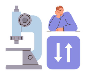 Laboratory microscope, thoughtful person, ascending and descending arrows for analysis, innovation, research. Ideal for education, science, data processing, improvement progress technology simple
