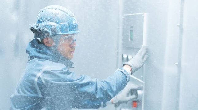 A focused construction worker in safety gear, including a blue helmet and goggles, is ready to tackle challenges in a snowy environment, showcasing determination and professionalis