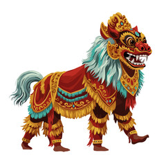 Traditional Balinese Barong lion dance costume in vibrant colors  . Flat vector on transparent background.