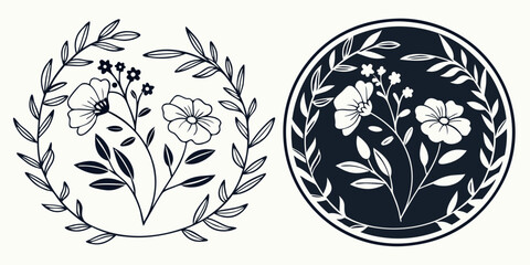 Circular flower-themed frames. Delicately sketched stylish plant-based round outlines and wreaths featuring twigs, foliage, and blossoms in both outline and solid style in dark black white background