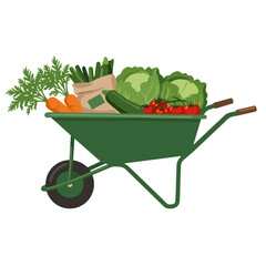 Wheelbarrow filled with fresh vegetables. Flat vector on transparent background.