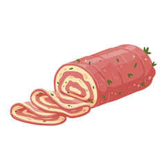Ham roll with visible layers (ham, cheese, herbs), sliced into pieces, flat vector concept isolated on transparent background. 