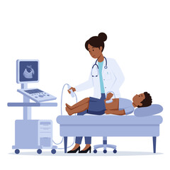 Doctor performing ultrasound on child in medical office setting  . Flat vector on a white background,