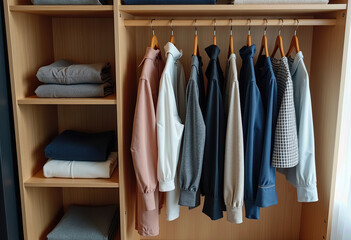 Streamline Your Wardrobe: Close-up of Organized Clothes on Wooden Hangers in a Modern Closet, Showcasing a Range of Neutral-Toned Shirts and Sweaters for a Tidy and Accessible Everyday Selection.
