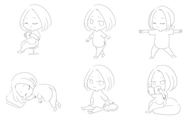 日常を楽しむ女性線画セット