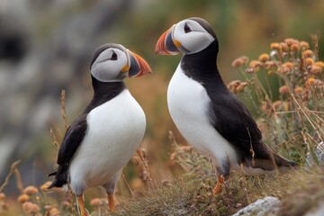 Naklejka premium Two puffins gazing at each other adorable