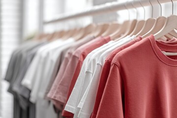 Obraz premium Modern Premium Plain T-Shirts Displayed in Cozy Retail Store Authentic Variety for Young Professionals Marketing and Lifestyle Advertising Campaigns