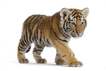 Obraz premium Two month old tiger cub walking on a white backdrop