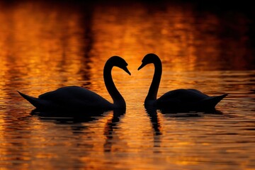 Fototapeta premium Two swans feed in water illuminated by the sunset
