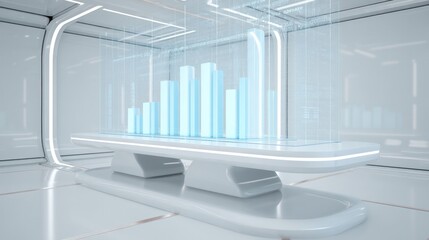 Futuristic data visualization shows a holographic bar graph in a clean, white, modern interior, representing business analytics, financial trends, and technological advancements.